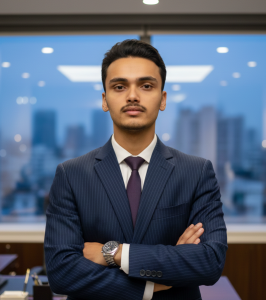 Well suited men standing infront of urban city, crossing arm. (krishna Kishor Nepal)