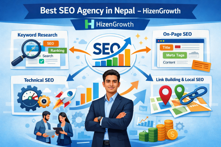Best SEO agency in Nepal – HizenGrowth infographic showing SEO services including keyword research, on-page SEO, technical SEO, link building, and local SEO with growth charts and team illustration.