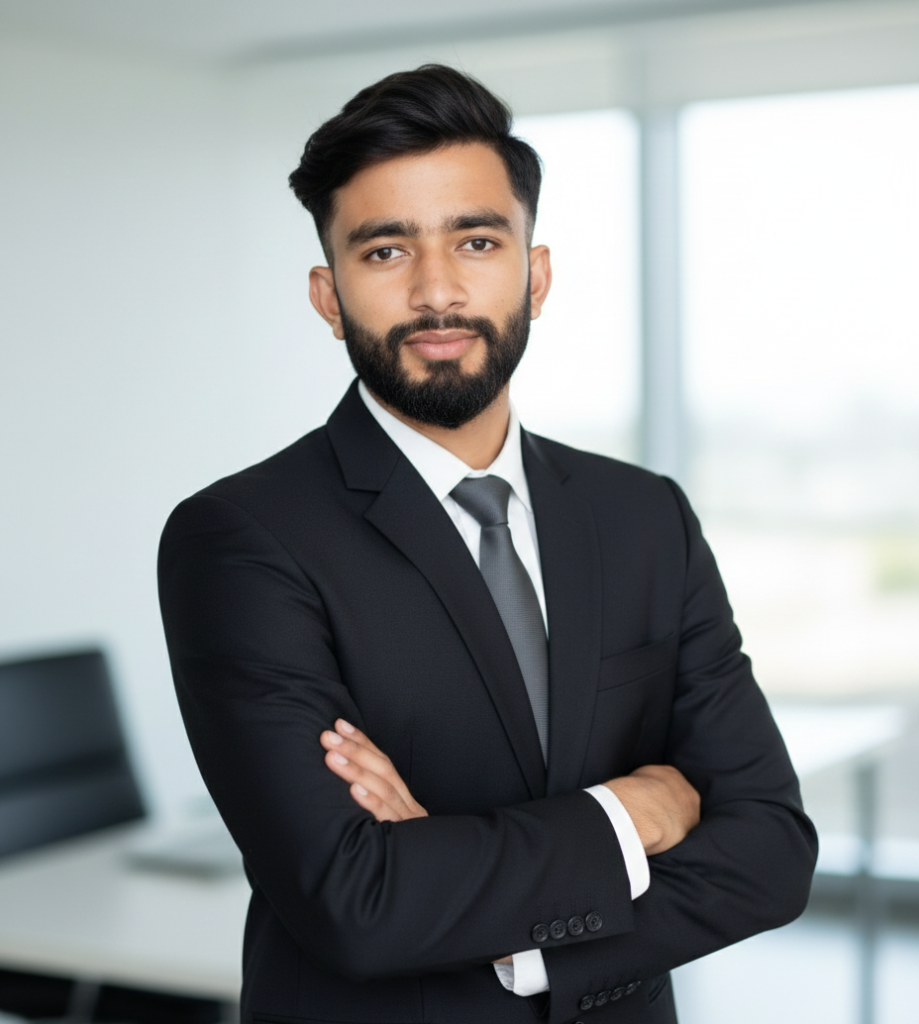A tall well suited man standing crossing his hand.(Dhirendra Nath)