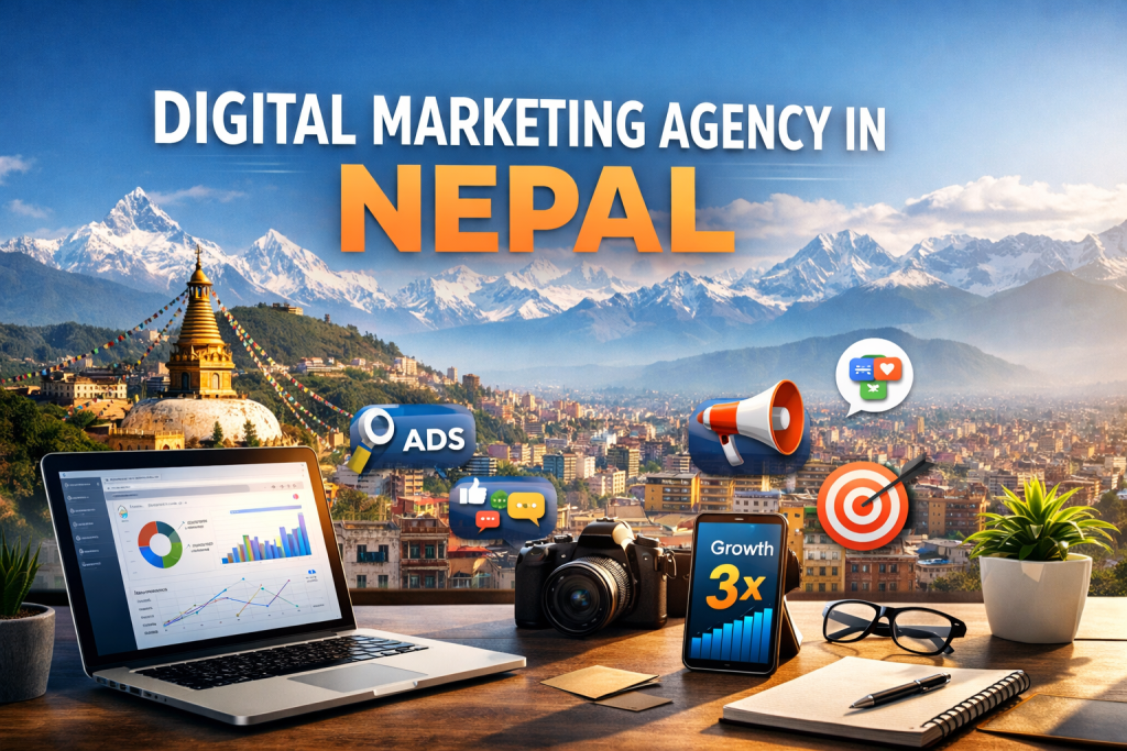 This Image Illustrare a beautiful senario of nepal and "Digital marketing in nepal" as a topic.
