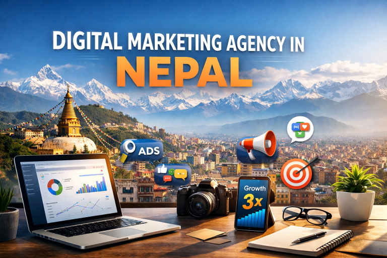 This Image Illustrare a beautiful senario of nepal and "Digital marketing in nepal" as a topic.