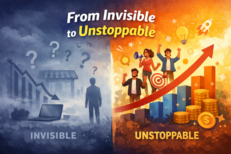 Digital illustration showing a small business transforming from invisible to unstoppable with smart marketing strategy, featuring growth charts, coins, and a successful team celebrating.