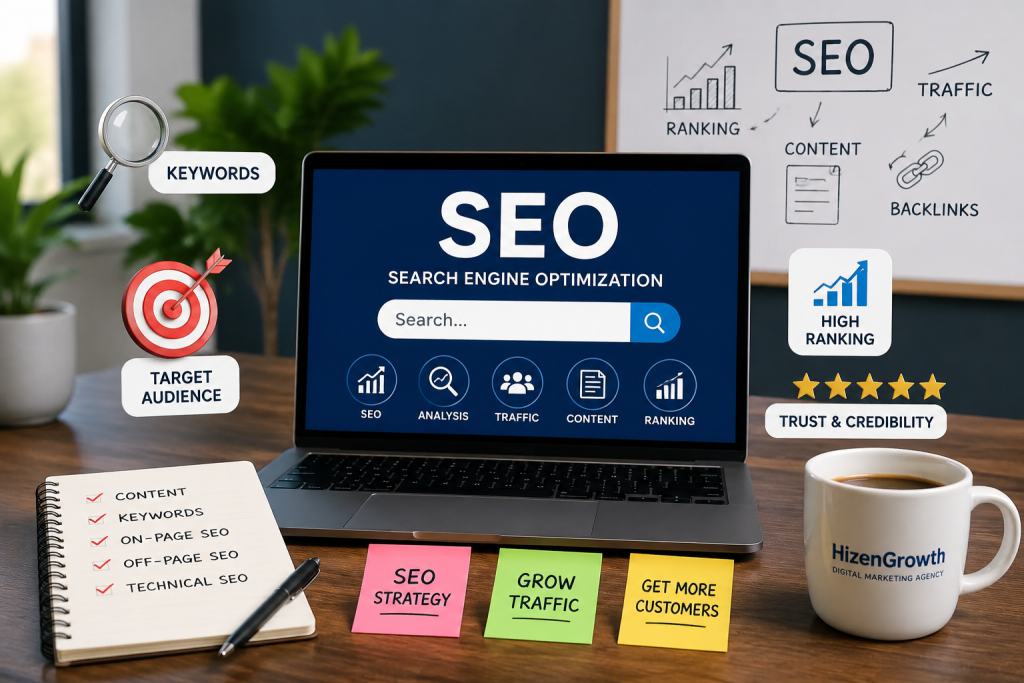 SEO for business concept showing digital marketing strategy, keyword optimization, and online growth tools