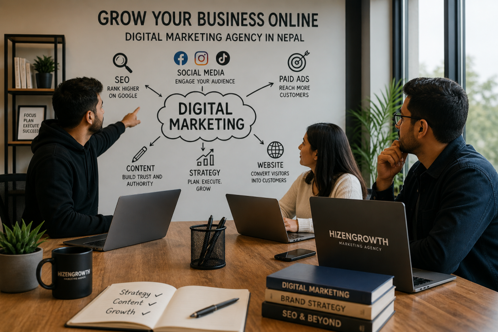 Digital marketing team discussing growth strategy in a modern office with laptops and visuals representing SEO, social media marketing, and business growth for a digital marketing agency in Nepal.