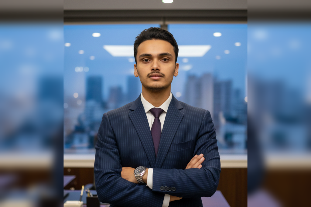 Krishna Kishor Nepal, founder of HizenGrowth, posing in a business suit inside a modern corporate office.
