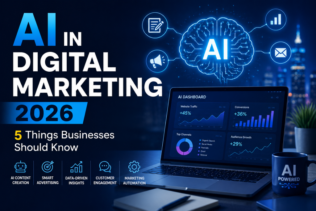 AI in Digital Marketing 2026 dashboard with marketing analytics, automation, SEO, and AI-powered business growth.