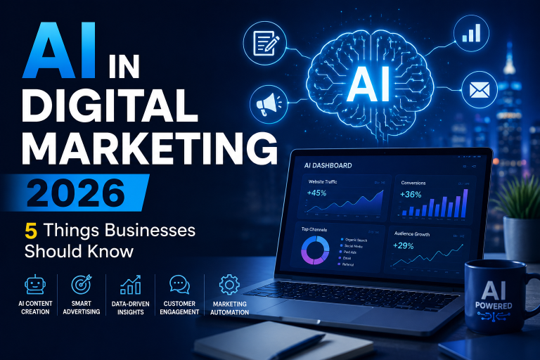 AI in Digital Marketing 2026 dashboard with marketing analytics, automation, SEO, and AI-powered business growth.