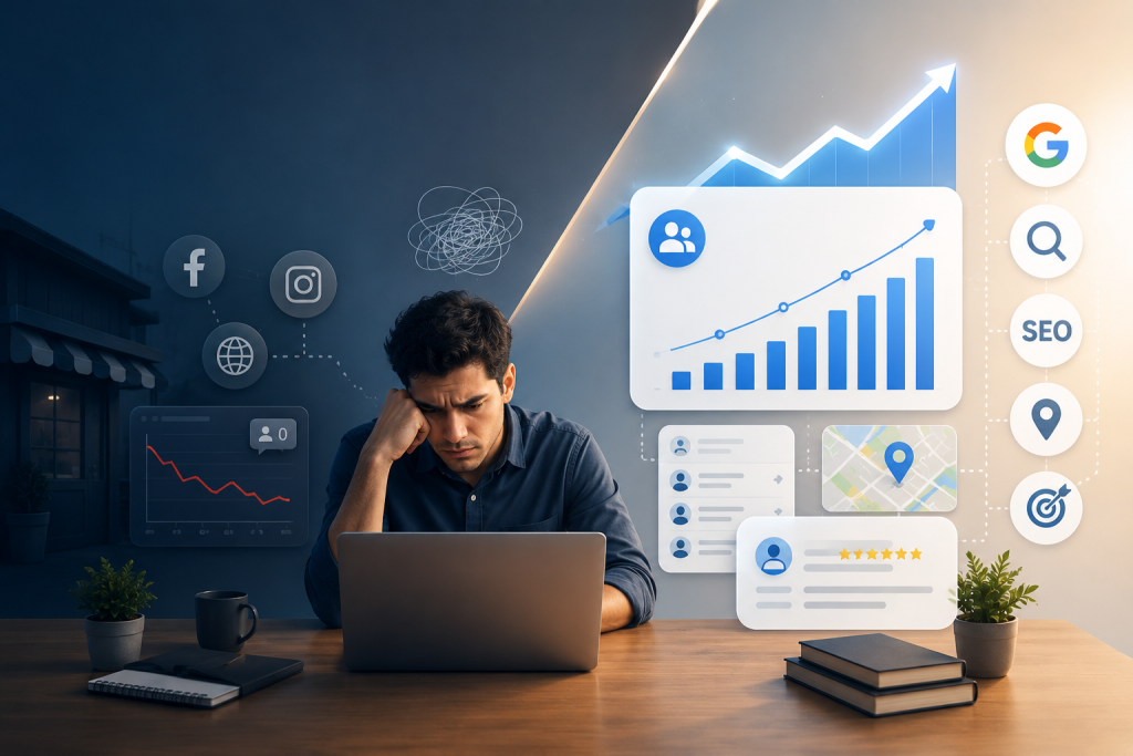 Illustration showing why small businesses don't grow online, highlighting poor website performance, weak digital marketing strategy, SEO, lead generation, and business growth solutions.