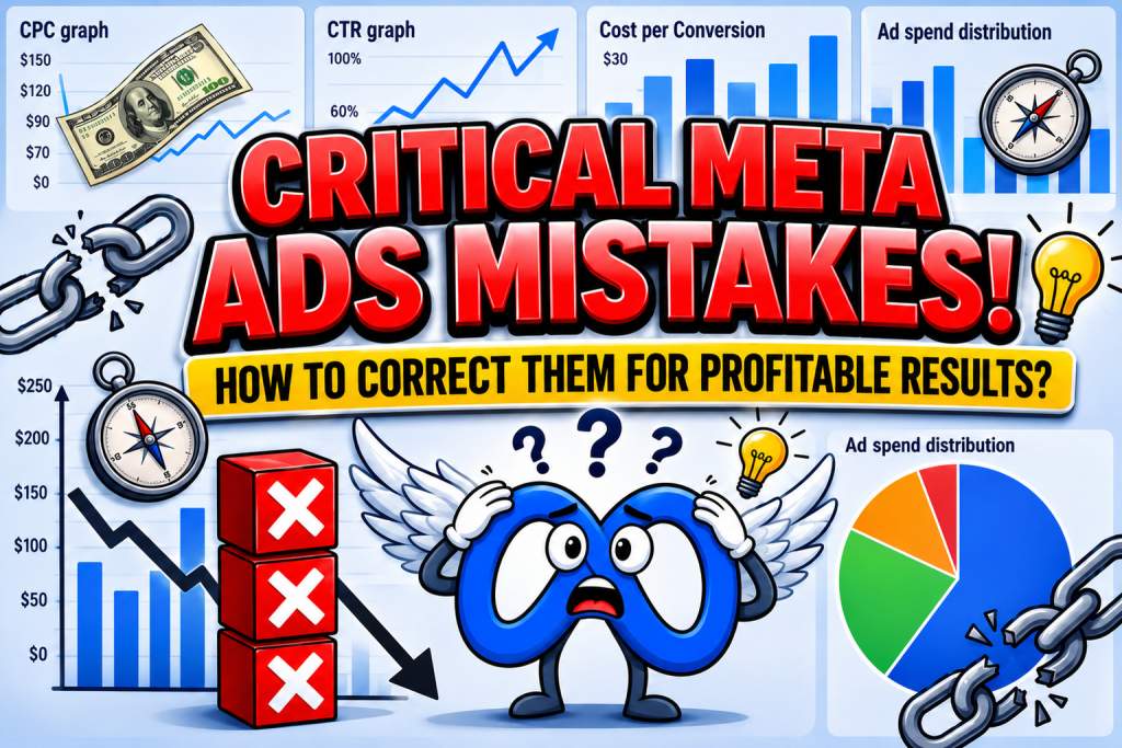 Ad spend mistakes infographic showing common Meta Ads errors, declining performance graphs, and strategies to improve advertising ROI.